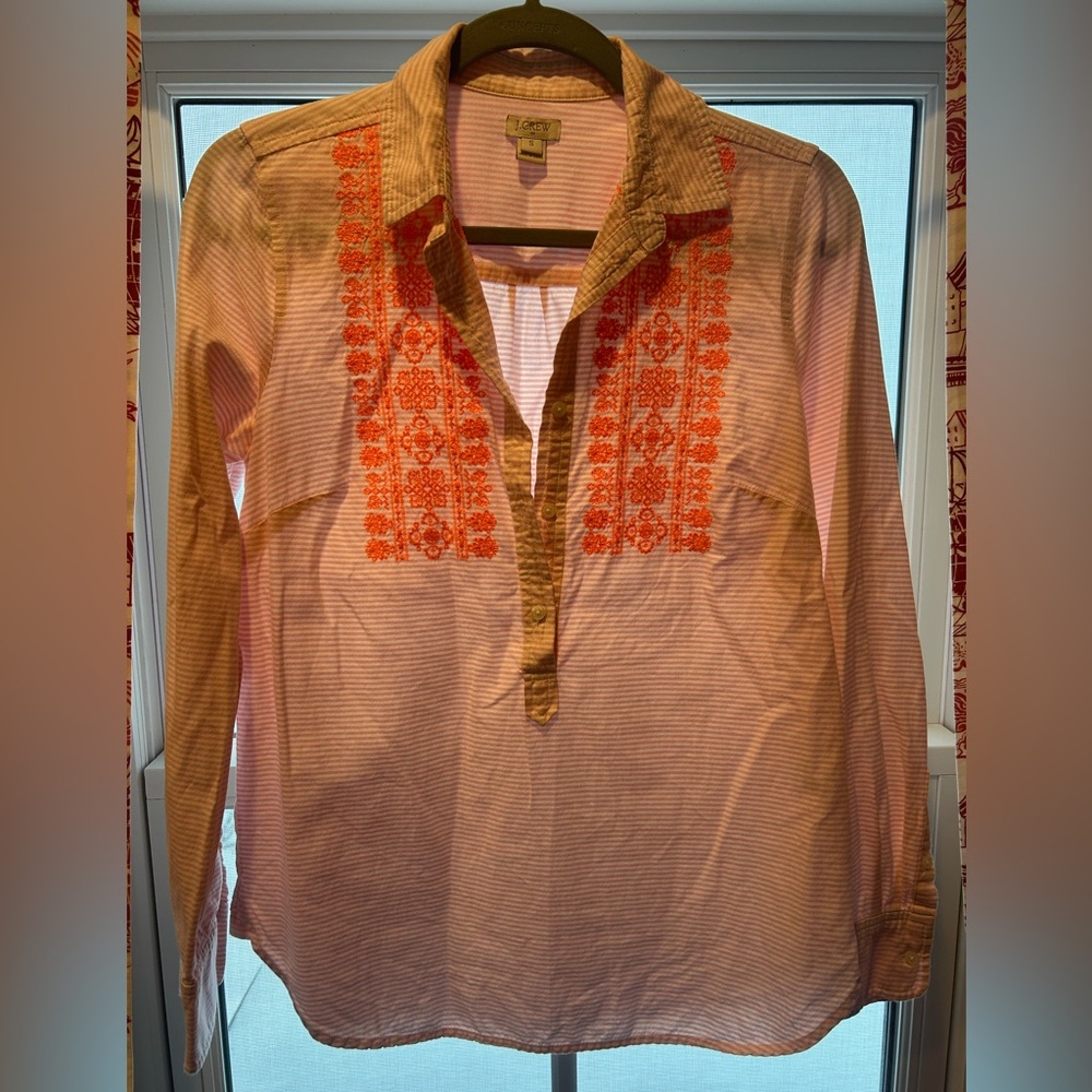 J Crew striped and embroidered coral long sleeve